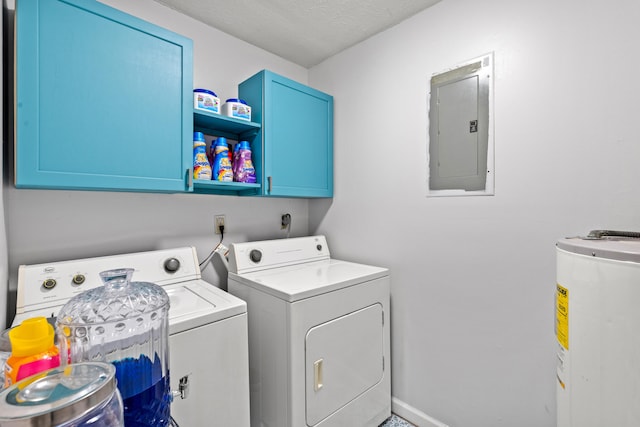 laundry room with cabinets, washing machine and dryer, electric water heater, electric panel, and a textured ceiling