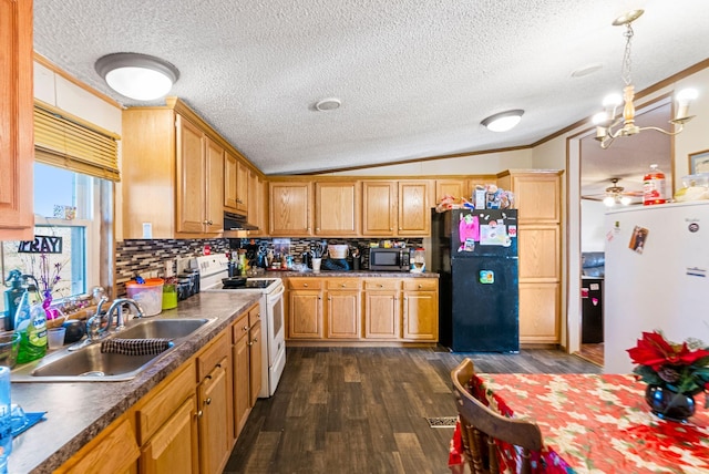 kitchen featuring dark hardwood / wood-style flooring, ornamental molding, white appliances, vaulted ceiling, and sink