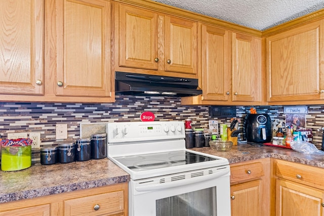 kitchen featuring a textured ceiling, tasteful backsplash, and white range with electric cooktop