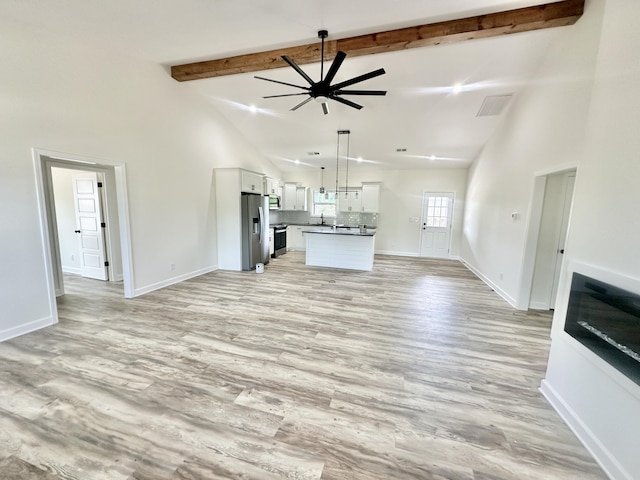 unfurnished living room featuring beamed ceiling, ceiling fan, high vaulted ceiling, and light hardwood / wood-style flooring