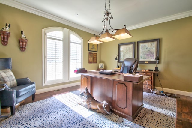 office space featuring baseboards, visible vents, ornamental molding, and dark wood-style flooring