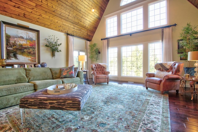 living area featuring high vaulted ceiling, wood finished floors, and wood ceiling