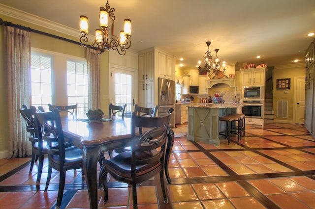 dining area featuring recessed lighting, visible vents, baseboards, an inviting chandelier, and crown molding