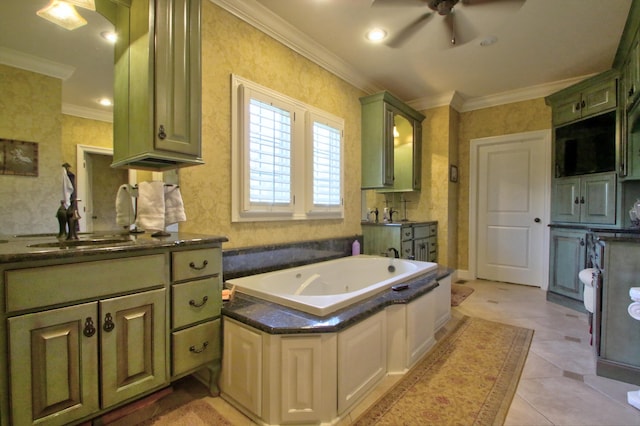 full bath with wallpapered walls, a jetted tub, a sink, and crown molding