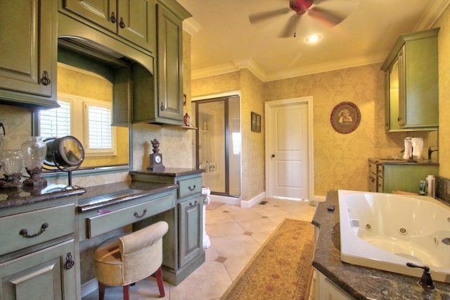 kitchen featuring light tile patterned floors, green cabinets, and crown molding