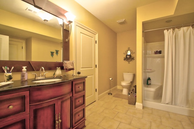 bathroom featuring a stall shower, visible vents, toilet, tile patterned floors, and vanity