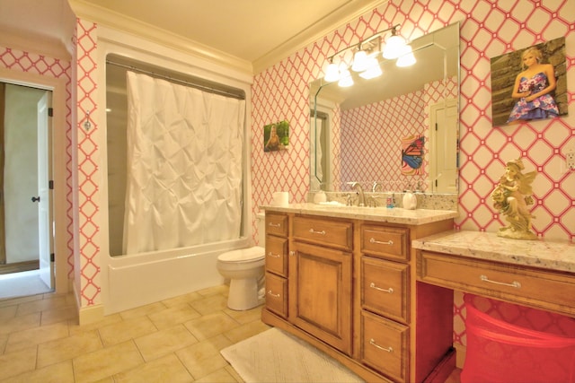 full bath with toilet, vanity, ornamental molding, wallpapered walls, and shower / bathtub combination with curtain