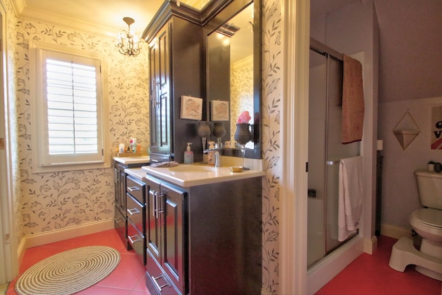 full bathroom with wallpapered walls, toilet, an inviting chandelier, vanity, and a shower stall