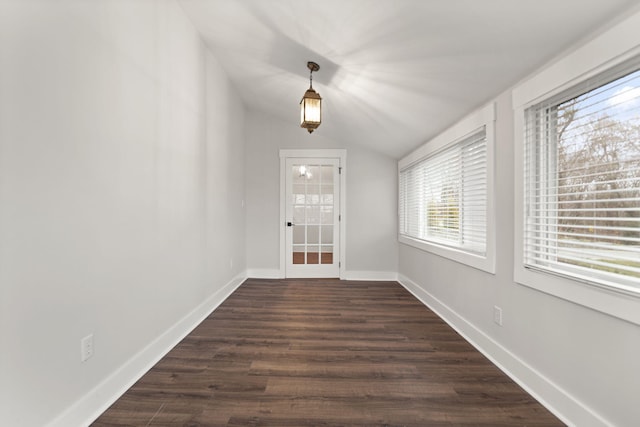 interior space with lofted ceiling, dark hardwood / wood-style floors, and a healthy amount of sunlight