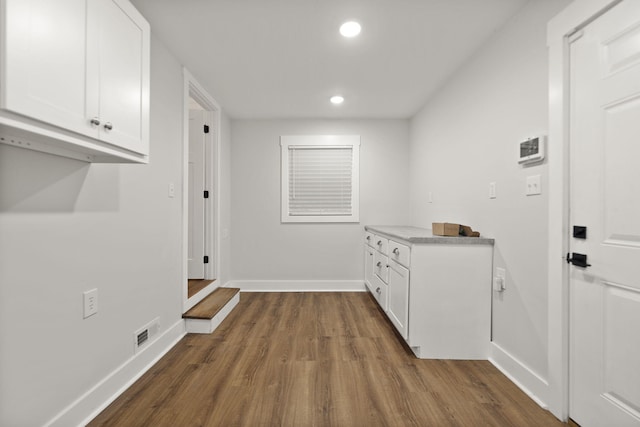 laundry area featuring dark wood-type flooring