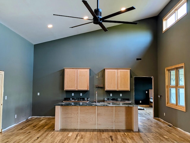 330 Duncan St, Somerset, KY 42501 - kitchen with light brown cabinetry, ceiling fan, a sink, light wood-style floors, and high vaulted ceiling