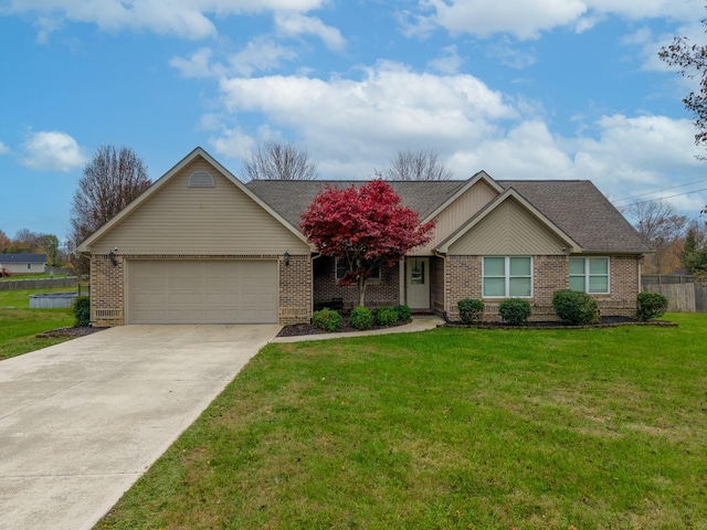 ranch-style house with a front yard and a garage