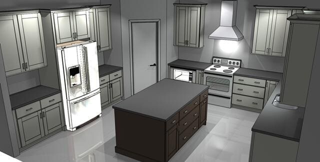 kitchen with electric stove, stainless steel fridge, gray cabinets, and wall chimney range hood