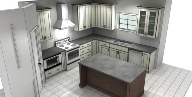 kitchen with stainless steel microwave, wall chimney range hood, sink, white electric stove, and fridge