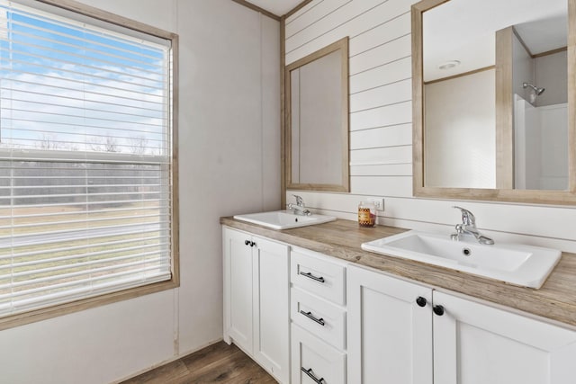 bathroom with vanity and hardwood / wood-style floors