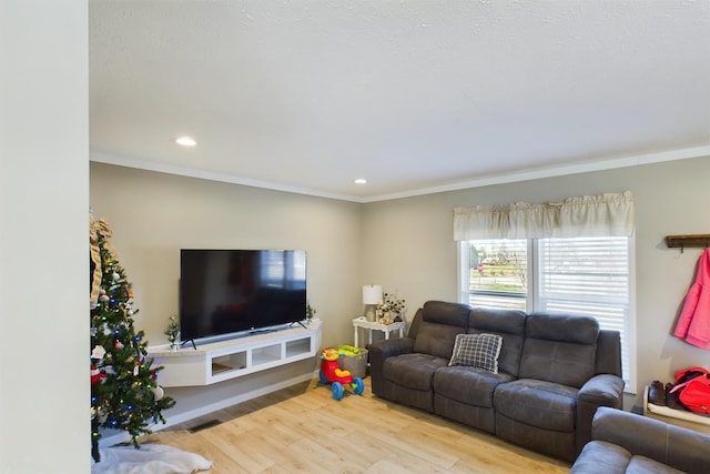 living room with light hardwood / wood-style floors and ornamental molding