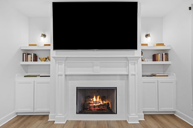 details with a tiled fireplace and wood-type flooring