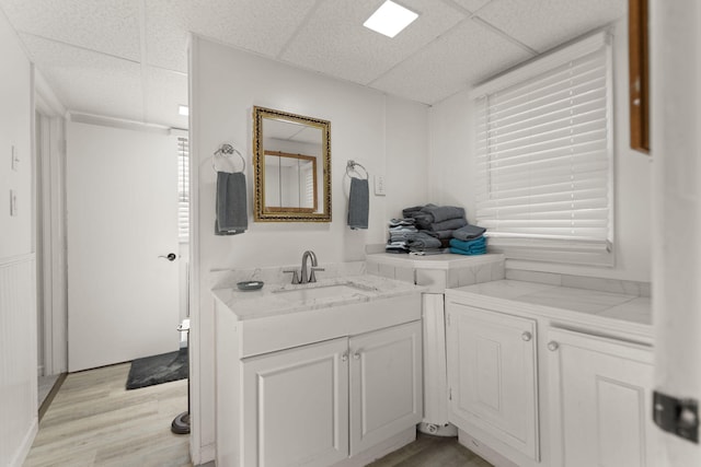 bathroom featuring hardwood / wood-style floors, vanity, and a drop ceiling