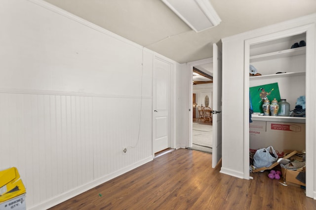 hallway featuring wooden walls and dark wood-type flooring