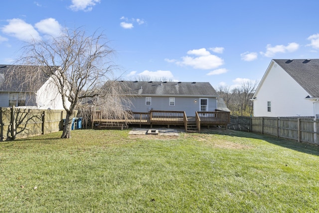 rear view of property featuring a yard and a deck