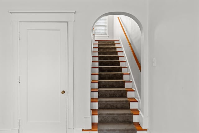 stairs with hardwood / wood-style floors