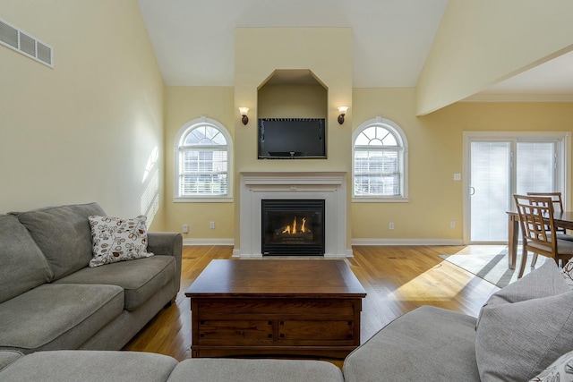 living room featuring a healthy amount of sunlight, light wood-type flooring, and vaulted ceiling