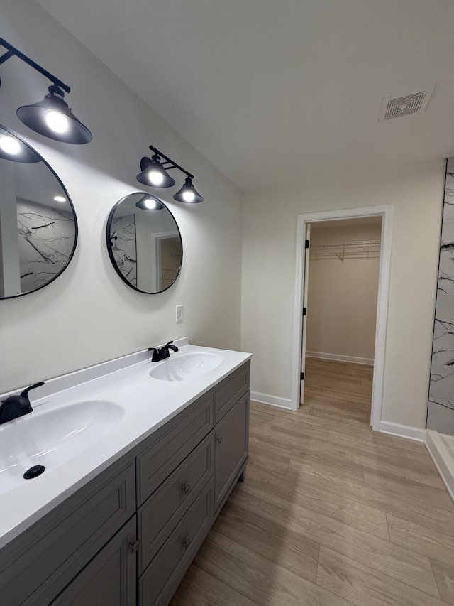 bathroom featuring vanity and wood-type flooring