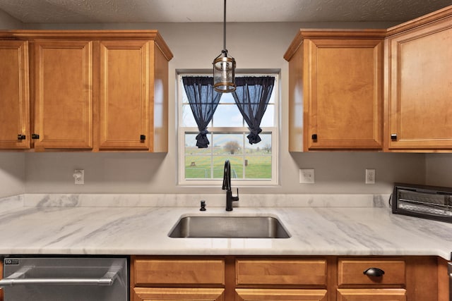 kitchen with dishwasher, hanging light fixtures, and sink