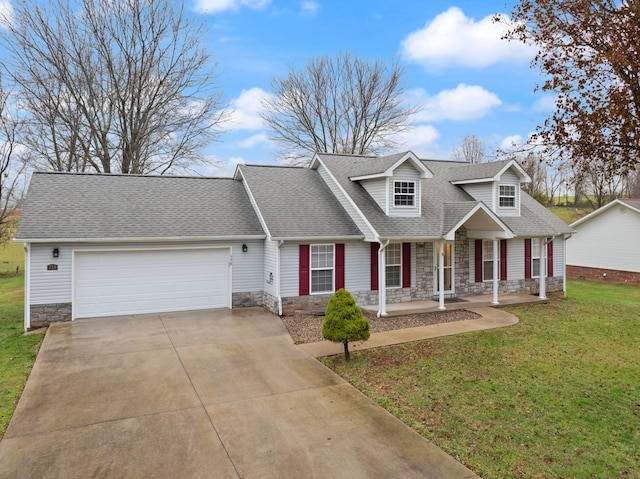 cape cod home featuring a front lawn, covered porch, and a garage