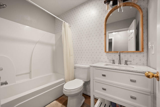 full bathroom featuring vanity, toilet, and shower / bathtub combination with curtain