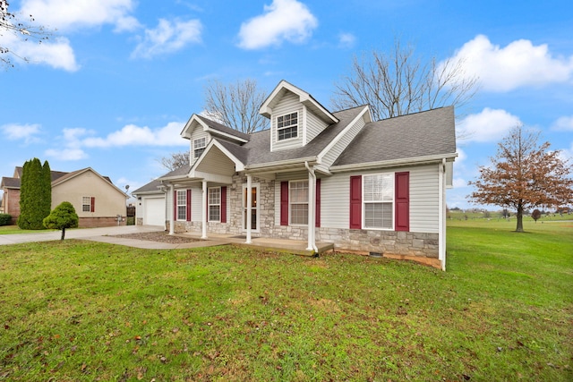 cape cod home with a porch, a front yard, and a garage