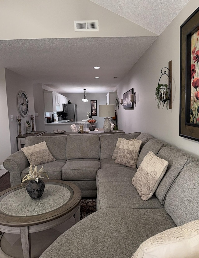 living room with lofted ceiling and a textured ceiling