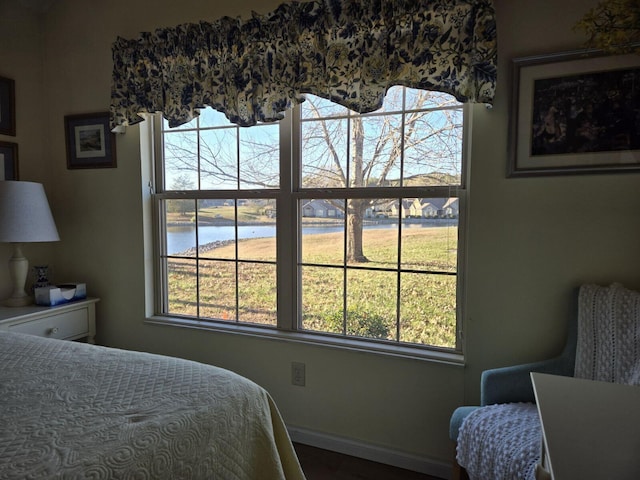 bedroom featuring a water view