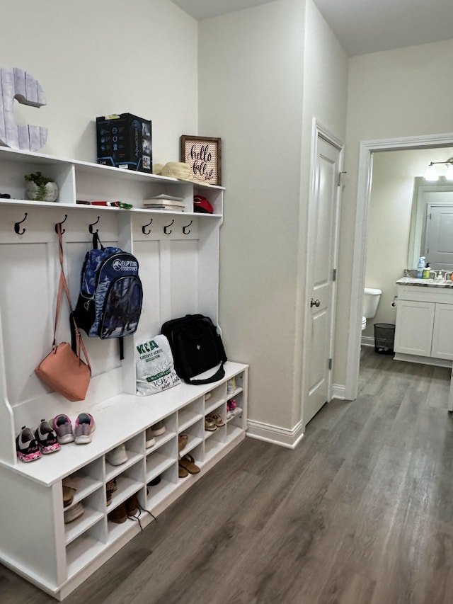 mudroom with hardwood / wood-style floors and sink