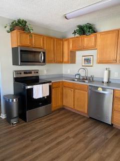 kitchen with a textured ceiling, dark hardwood / wood-style floors, sink, and appliances with stainless steel finishes