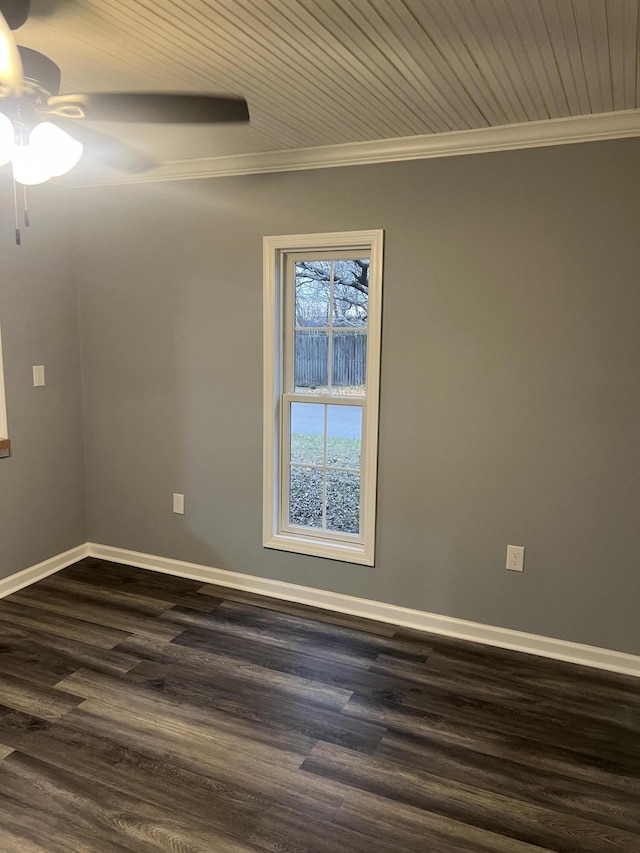 empty room with dark hardwood / wood-style flooring, wooden ceiling, ceiling fan, and crown molding