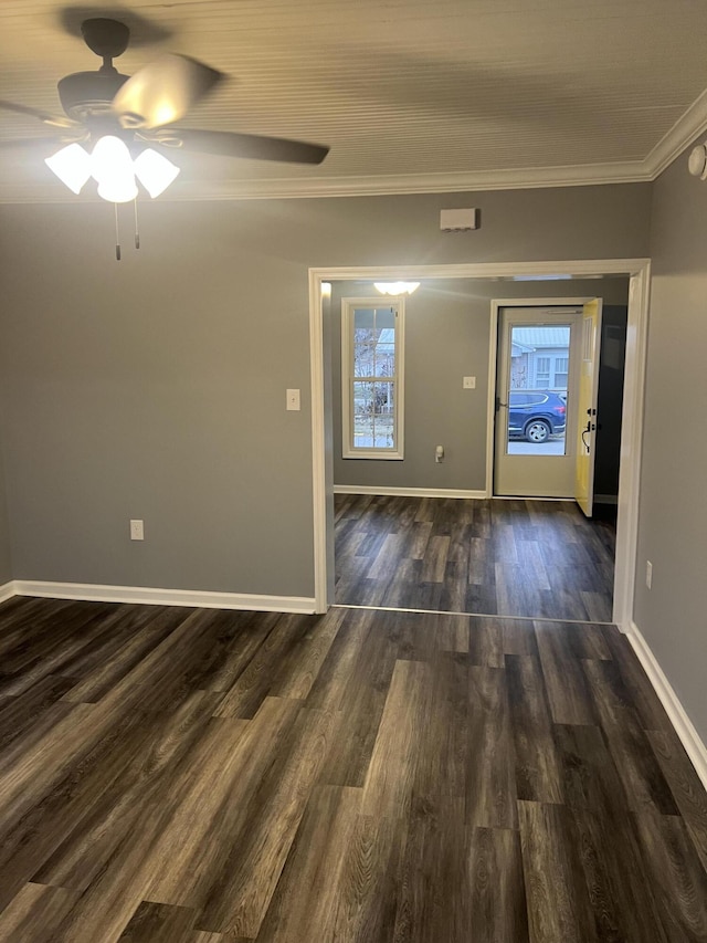 interior space featuring dark hardwood / wood-style floors, ceiling fan, and crown molding