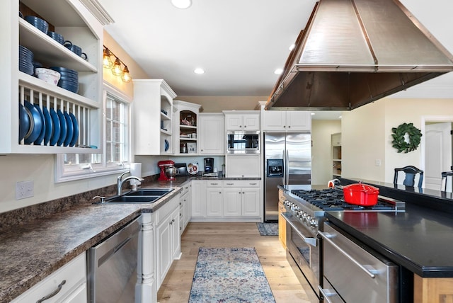 kitchen featuring dark countertops, open shelves, extractor fan, stainless steel appliances, and a sink