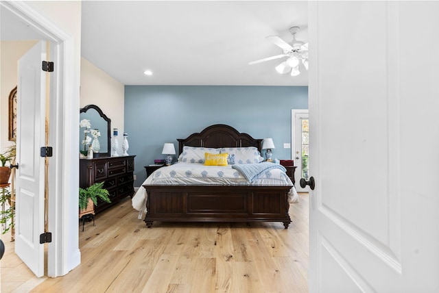 bedroom with recessed lighting, light wood finished floors, and ceiling fan