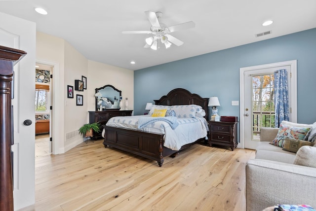 bedroom with recessed lighting, visible vents, light wood-style flooring, and access to exterior