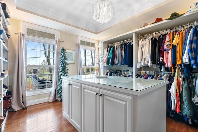 walk in closet featuring an inviting chandelier, a tray ceiling, and hardwood / wood-style flooring