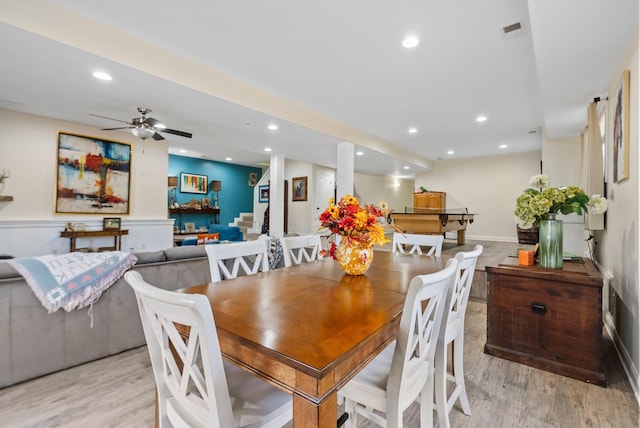 dining room featuring visible vents, recessed lighting, light wood-style flooring, and baseboards