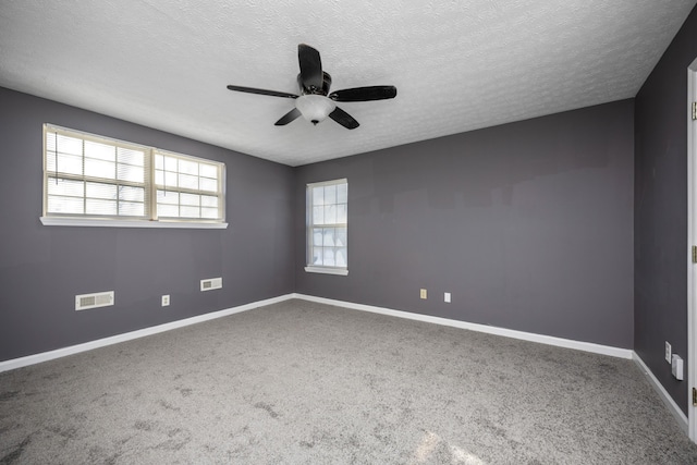 carpeted spare room featuring a textured ceiling, ceiling fan, and a healthy amount of sunlight