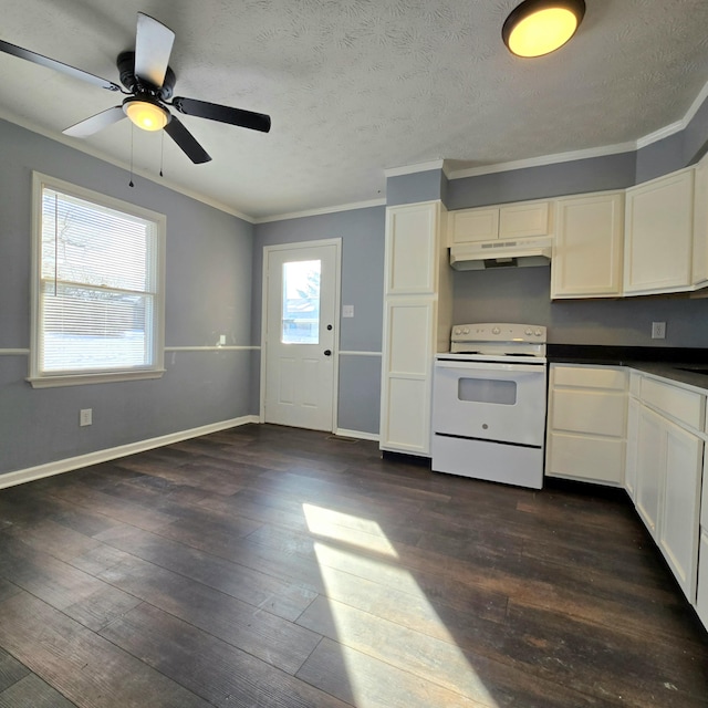 kitchen featuring crown molding, dark wood-type flooring, and white range with electric cooktop