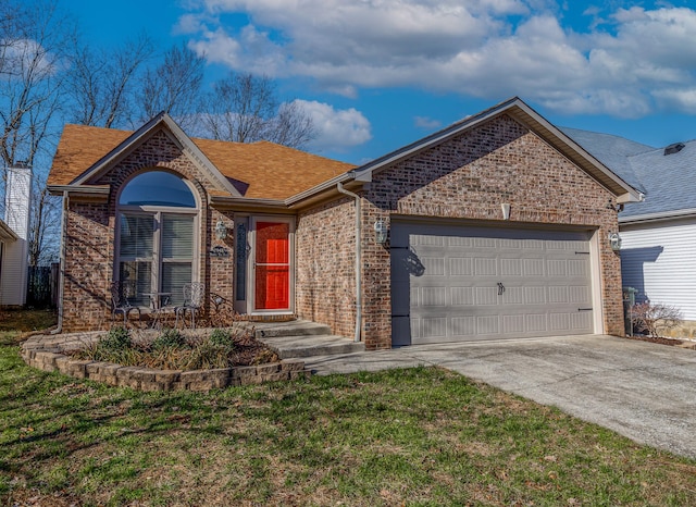 single story home featuring a front yard and a garage