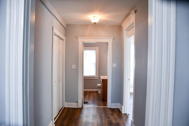 hall with dark wood-type flooring