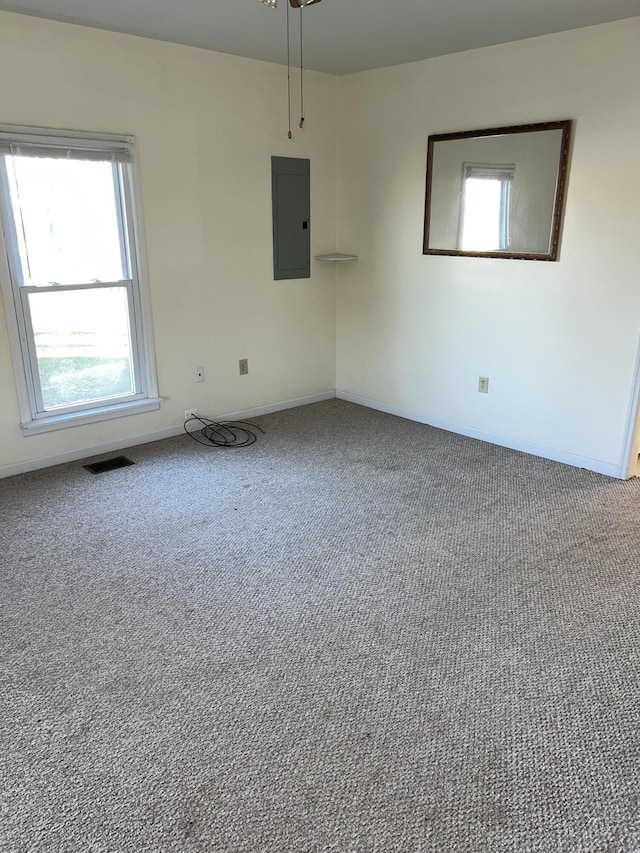 carpeted spare room with electric panel