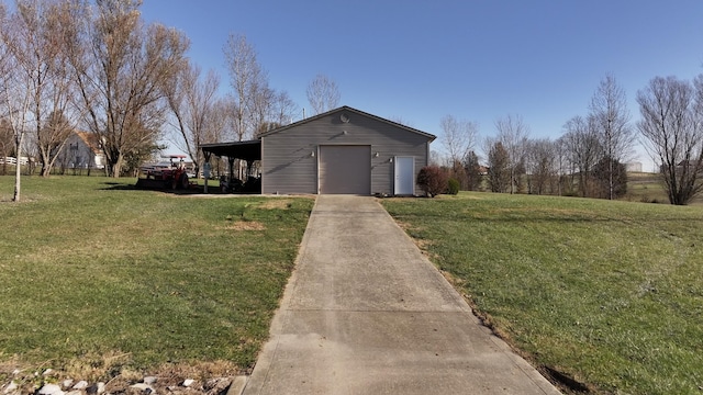 view of home's exterior with a carport, a garage, a yard, and an outbuilding