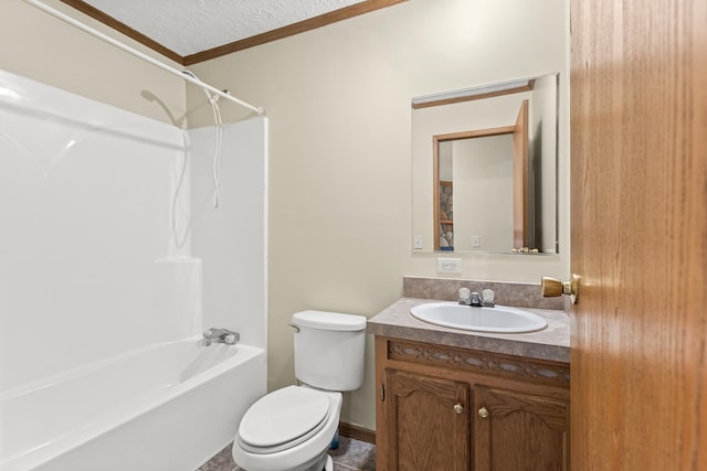 full bathroom featuring toilet, a textured ceiling, ornamental molding, vanity, and shower / bath combination