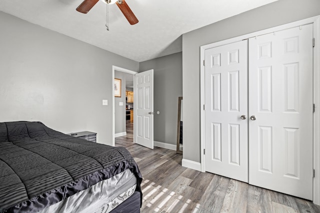 bedroom with hardwood / wood-style flooring, ceiling fan, and a closet